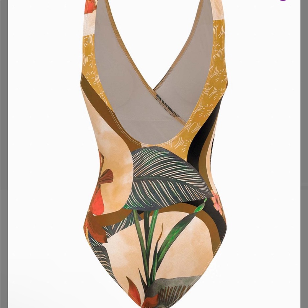 Tropical Print One-Piece Swimsuit in Beige & Green - Picture 2 of 4